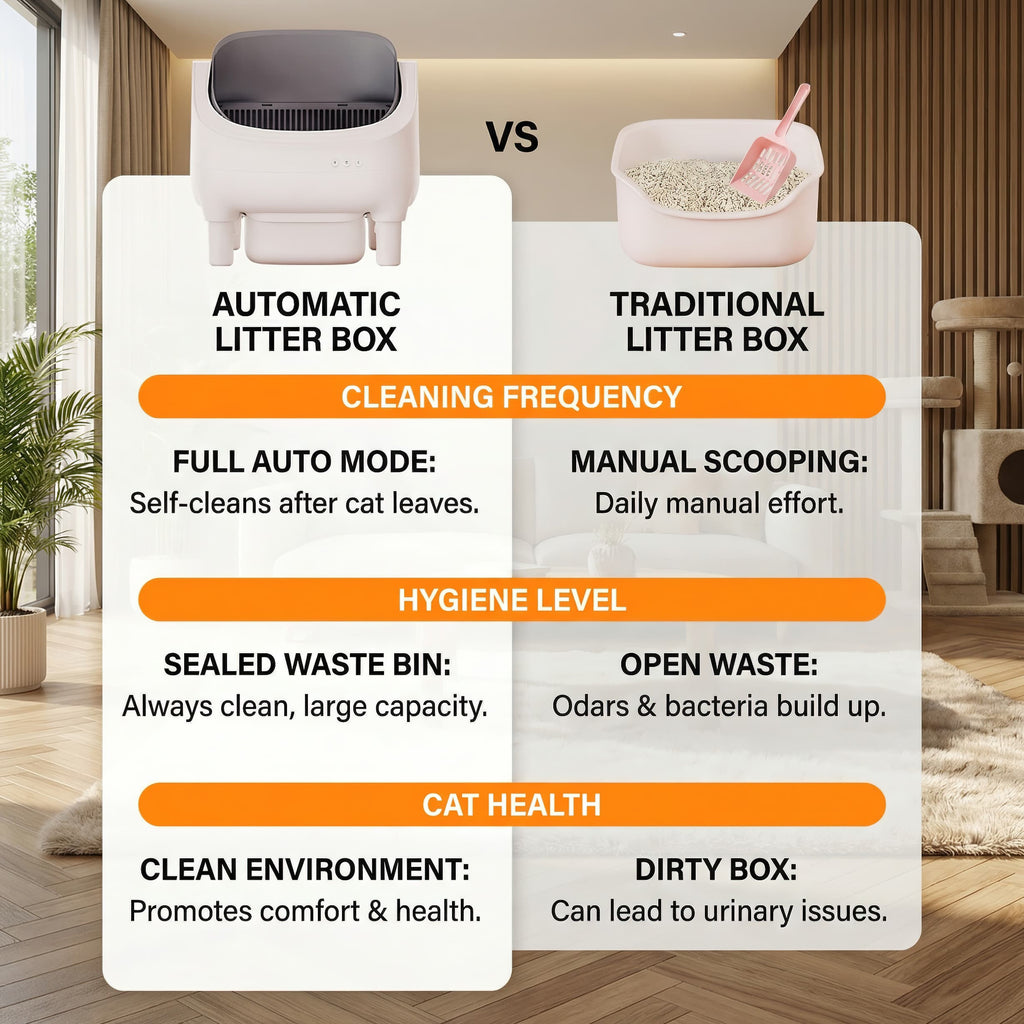 Comparison chart between automatic and traditional litter boxes in a room setting.