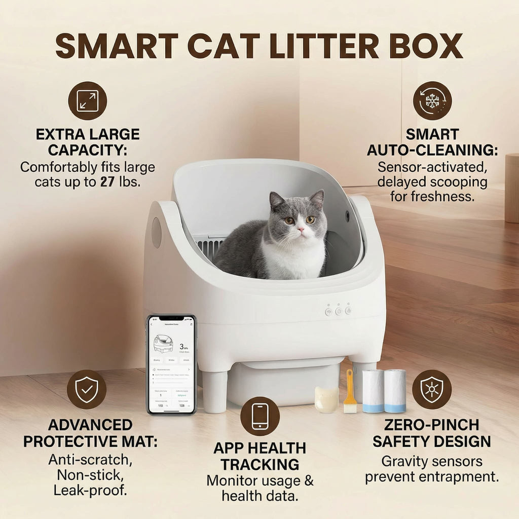 Smart cat litter box with features listed on a wooden floor.