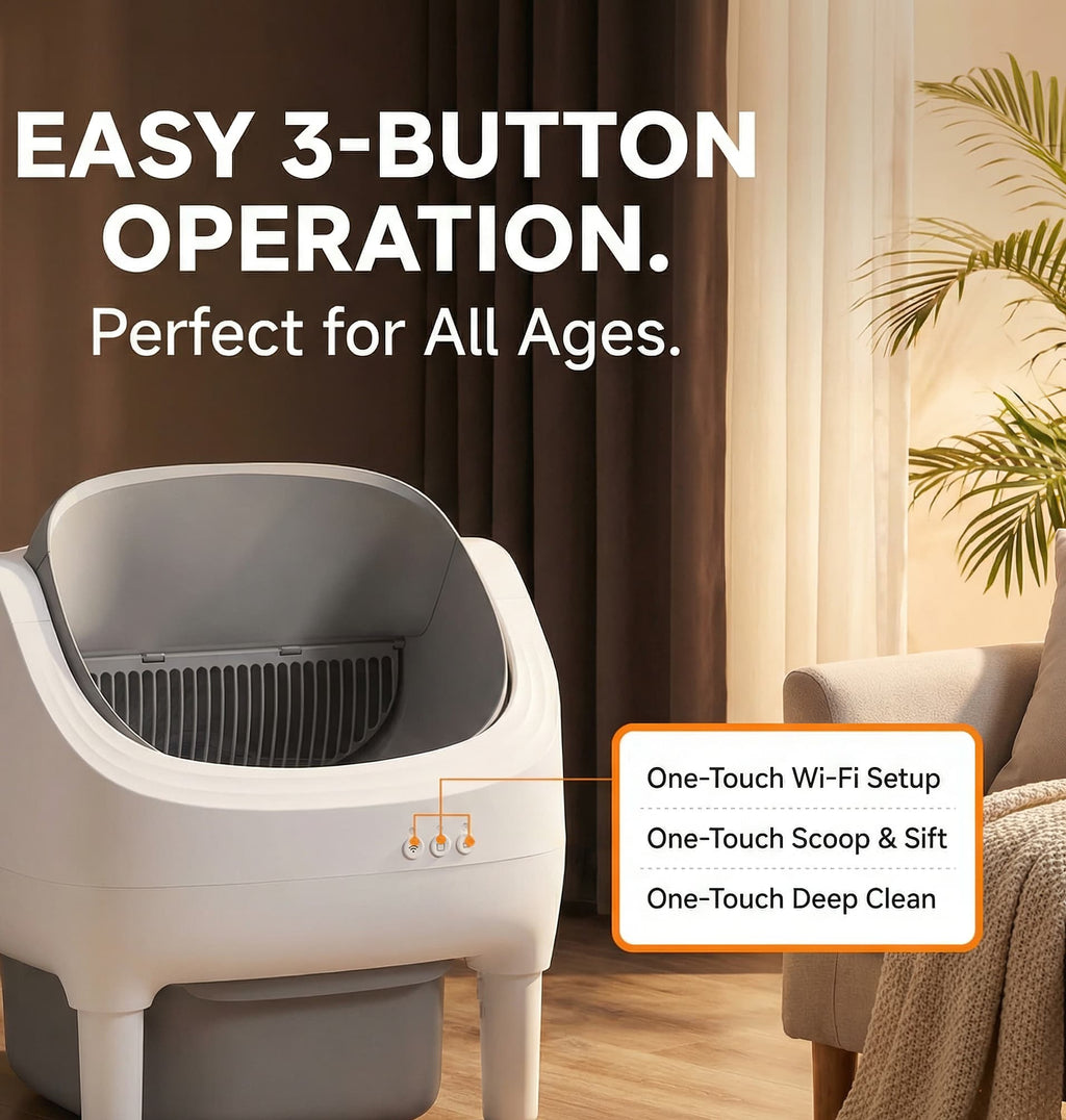 Pet litter box with text highlighting easy 3-button operation in a home setting