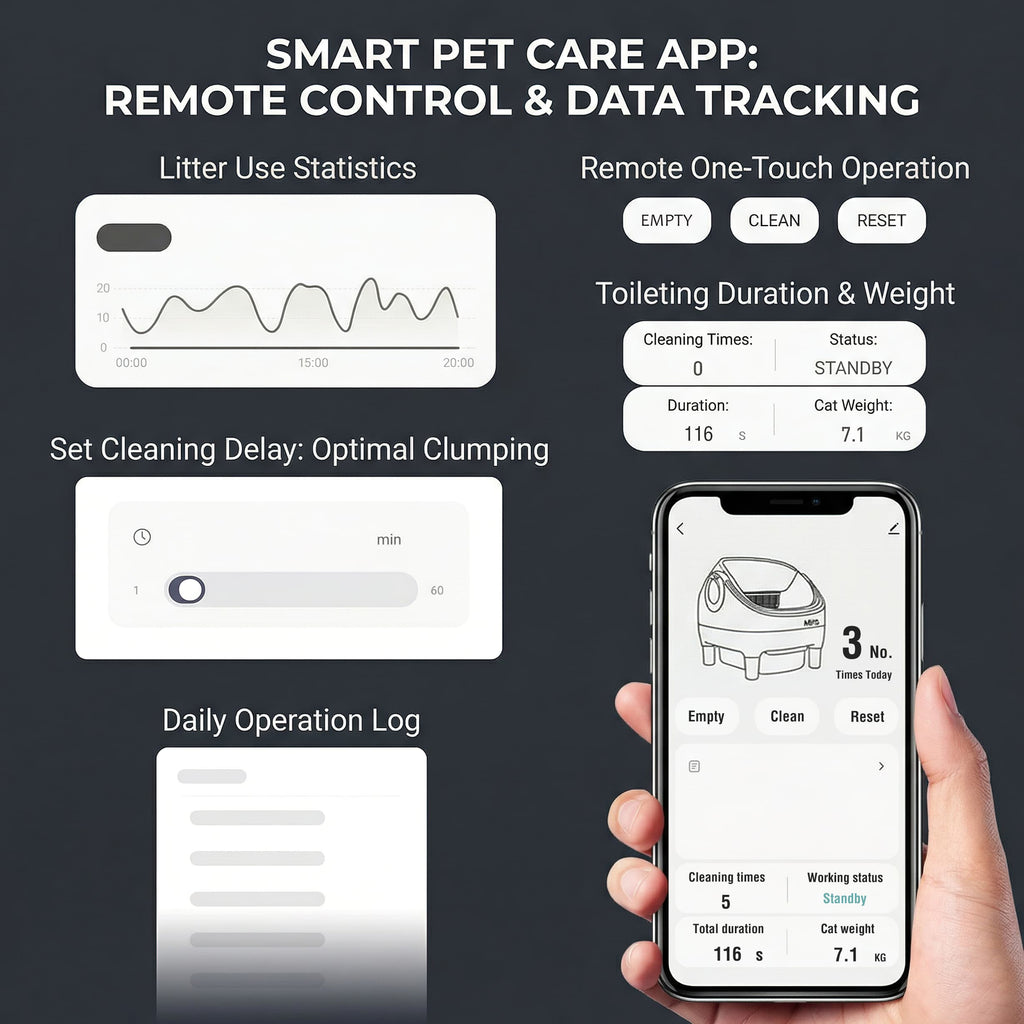 Smart pet care app with remote control and data tracking features on a dark background.