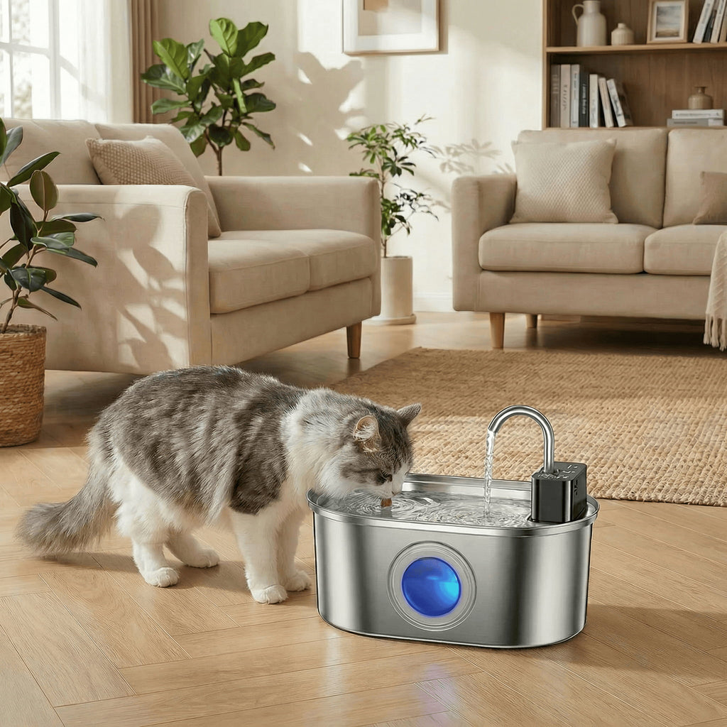 Cat drinking water from a modern pet fountain in a living room.