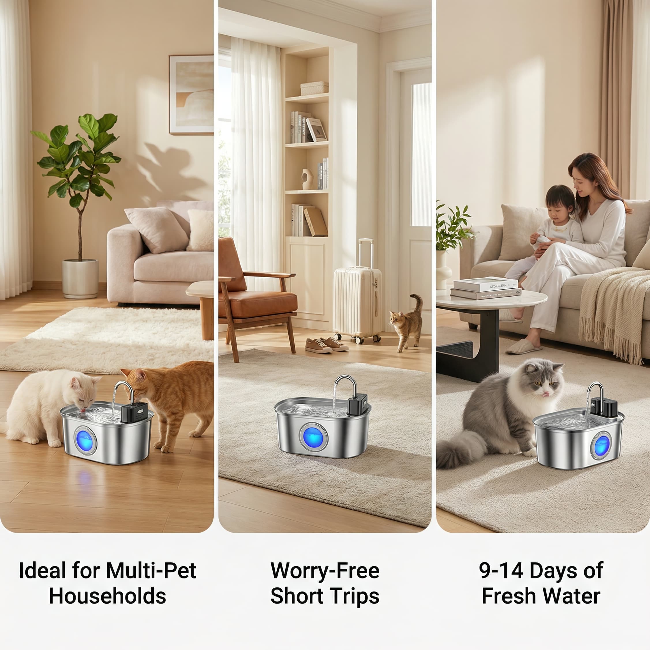 Collage of a pet water fountain in different settings with text highlighting its features.