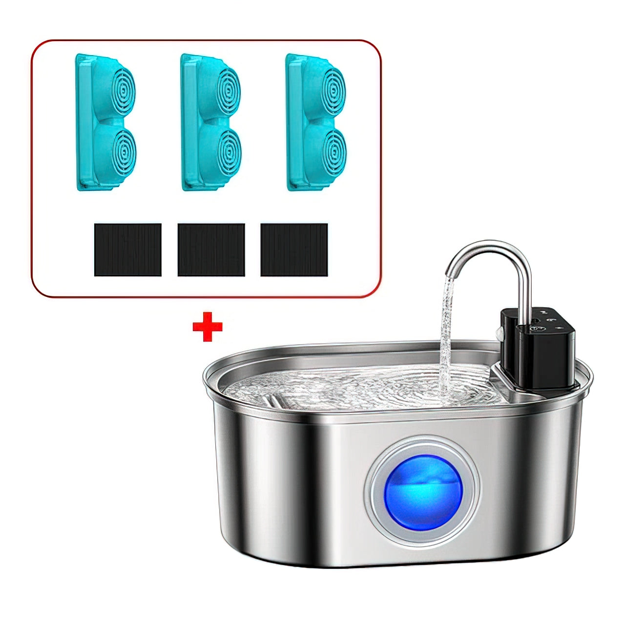 Pet water fountain with filter and filters on a white background