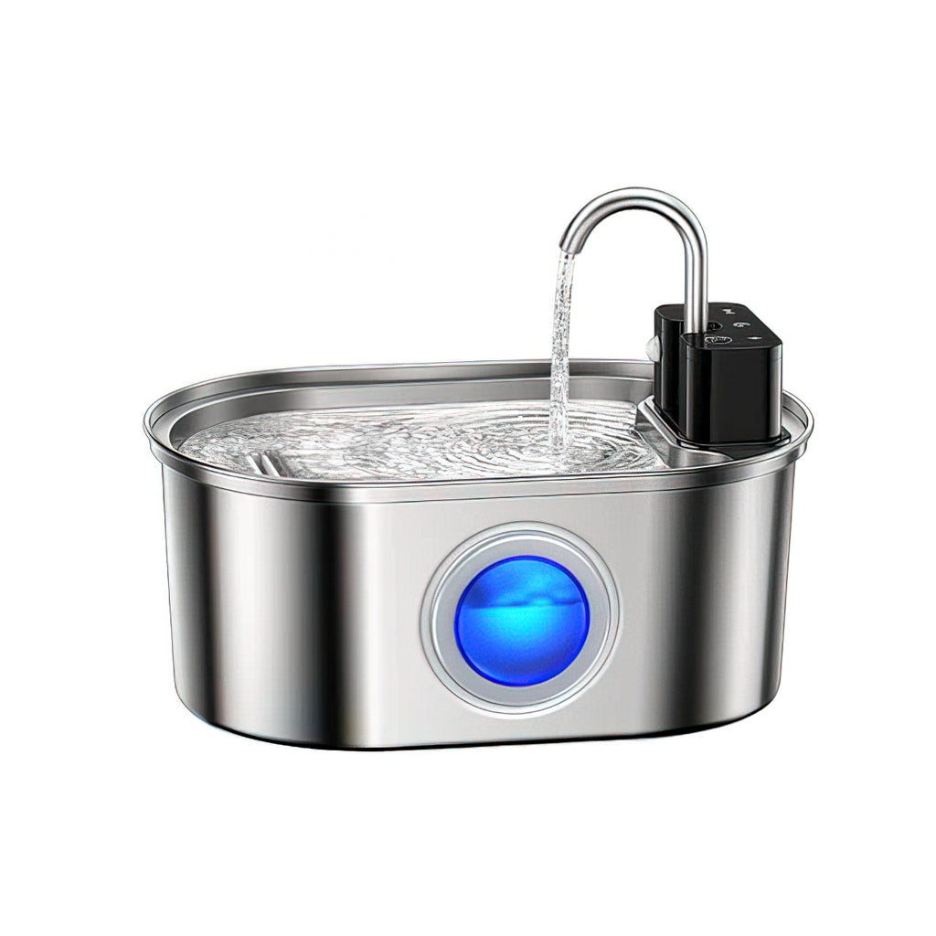 Stainless steel water fountain with blue light on a white background