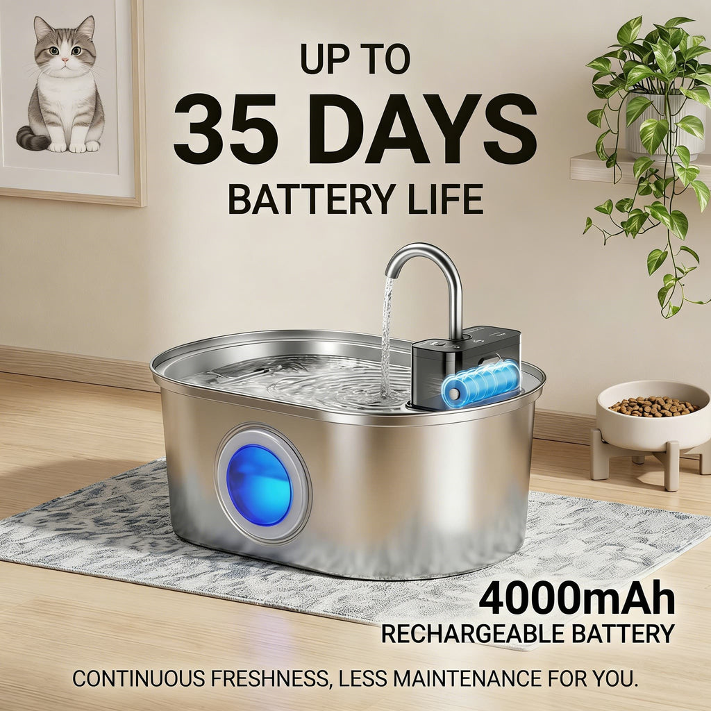Stainless steel pet water fountain with 4000mAh rechargeable battery in a home setting.