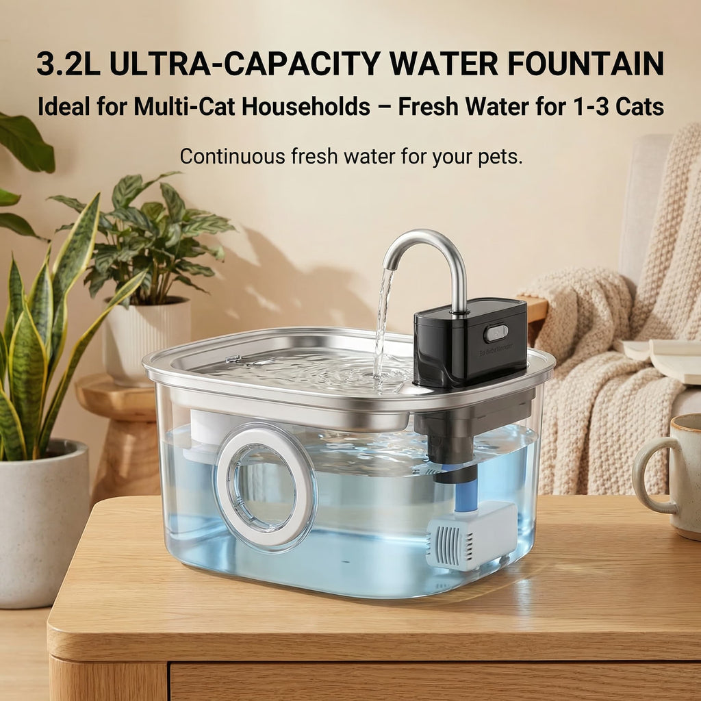 3.2L Ultra-Capacity Water Fountain on a wooden table with a cozy living room background.