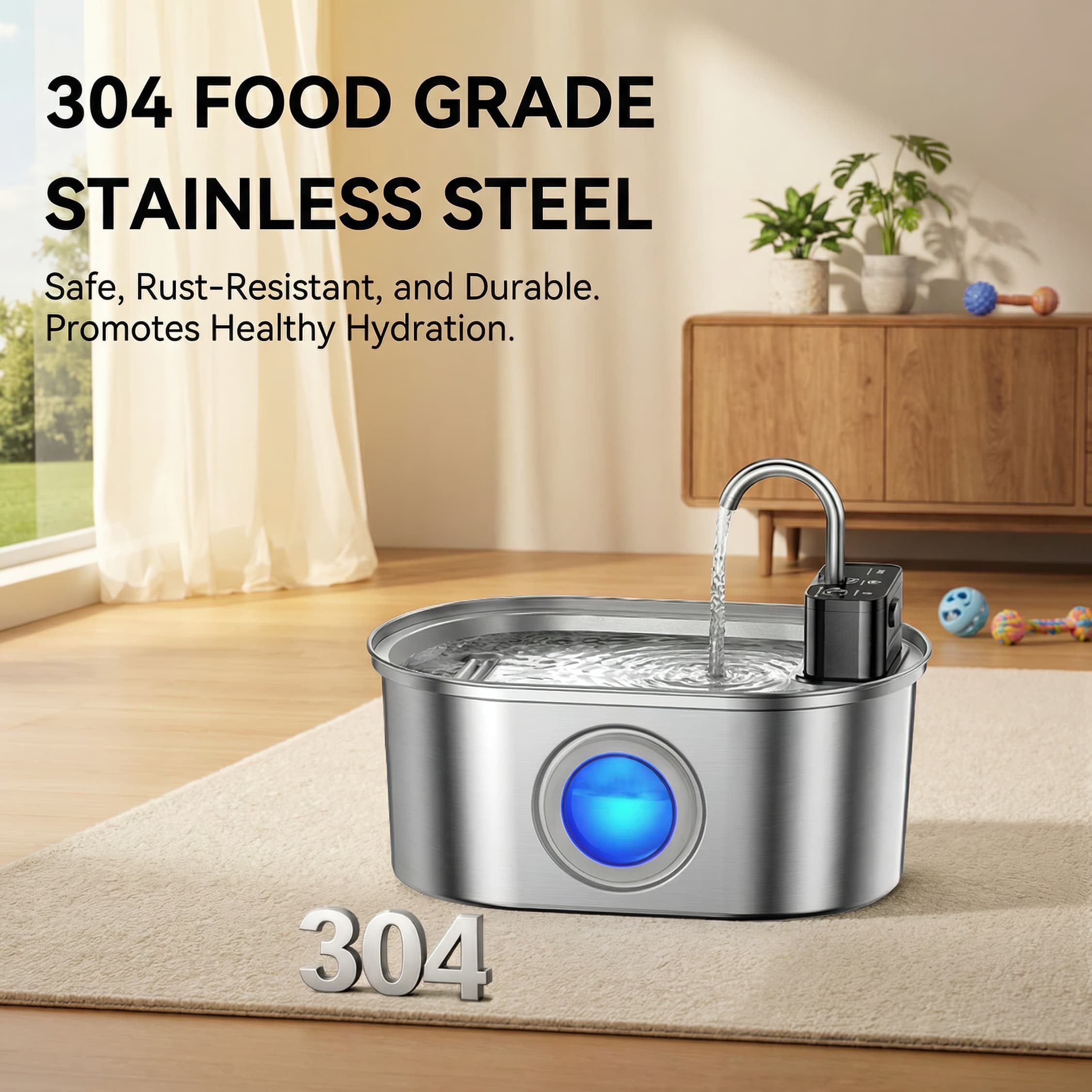 Stainless steel pet water fountain with 304 food grade stainless steel on a living room floor.