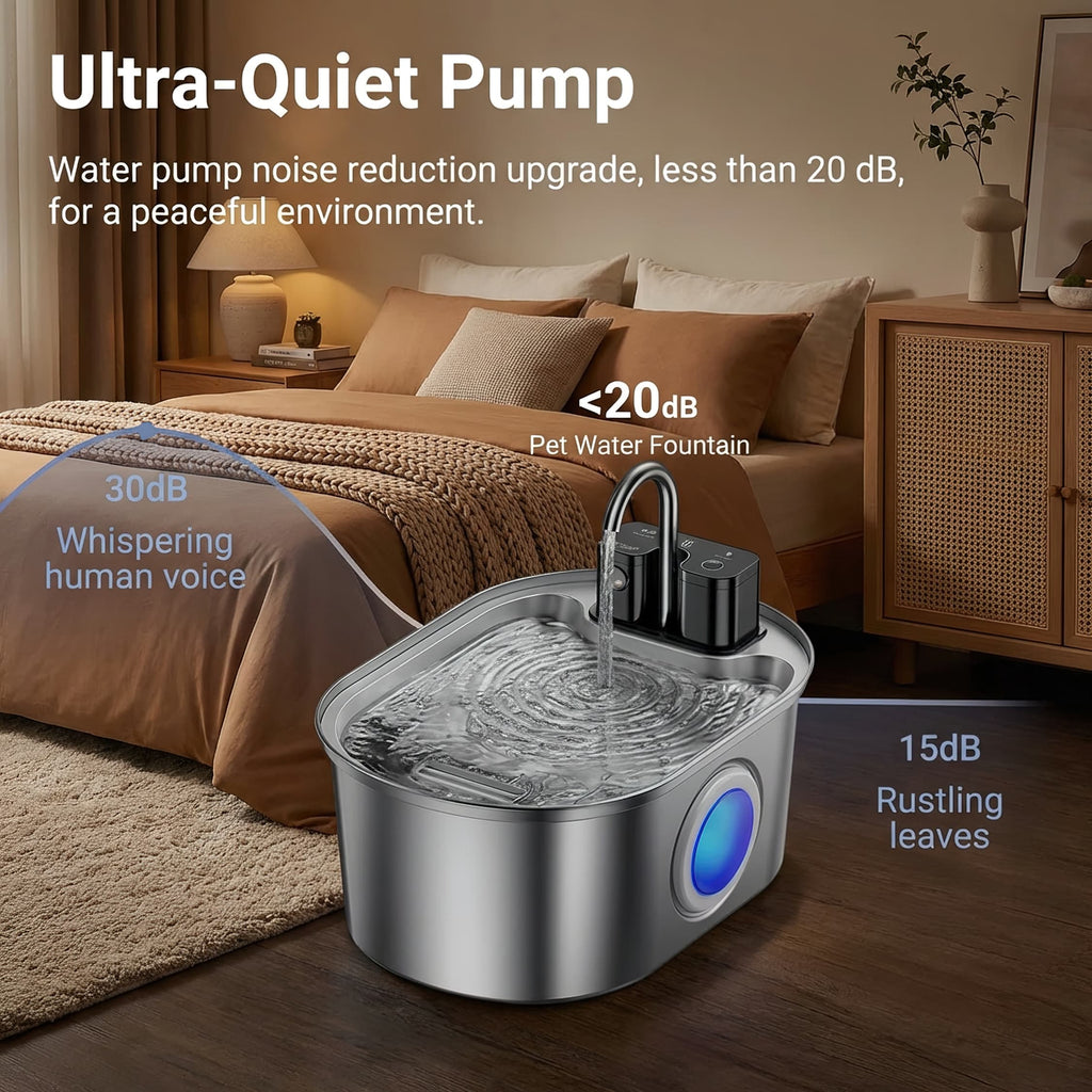 Ultra-quiet pump water fountain in a bedroom setting with noise level indicators.