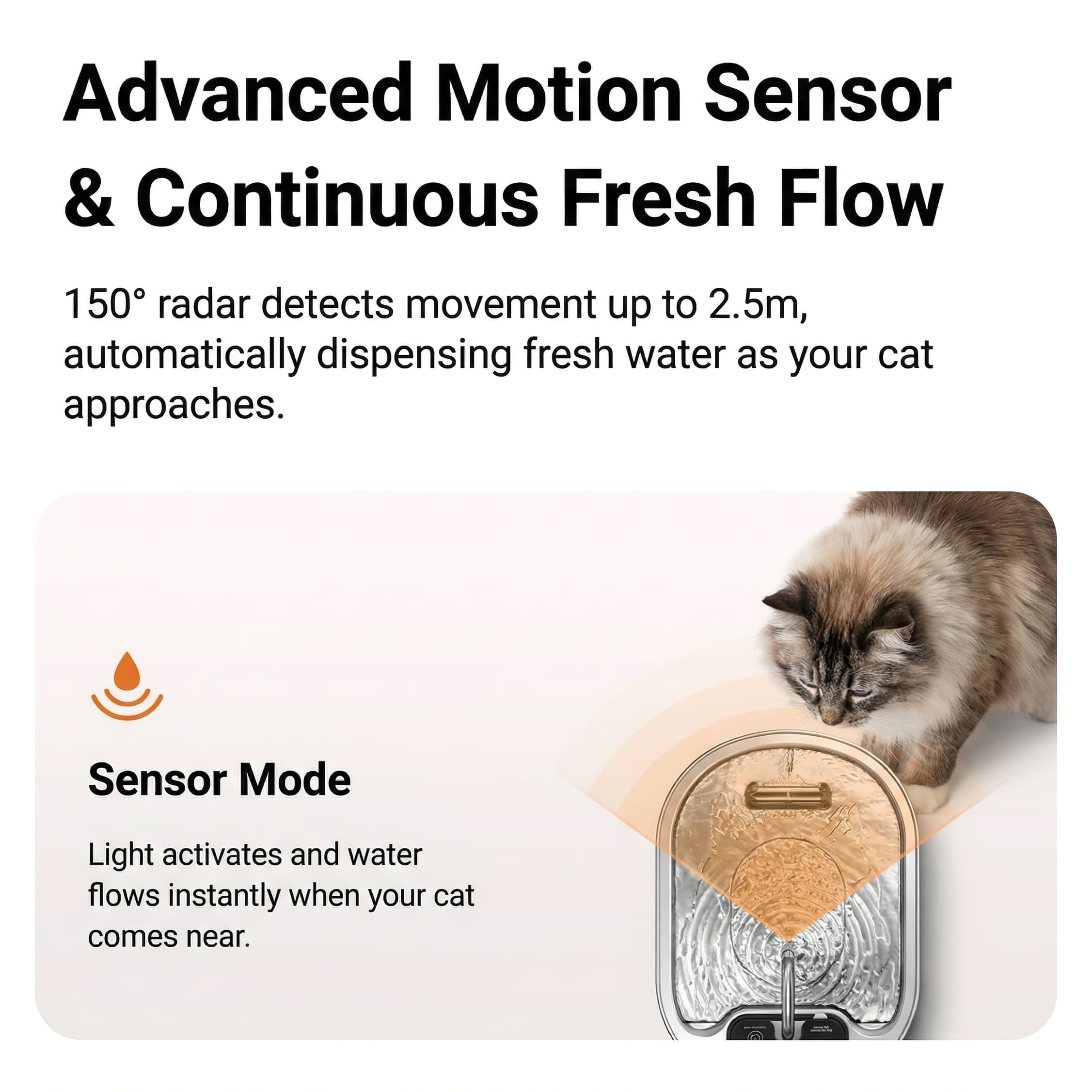 Cat water fountain with motion sensor and continuous fresh flow features, featuring a cat interacting with it.