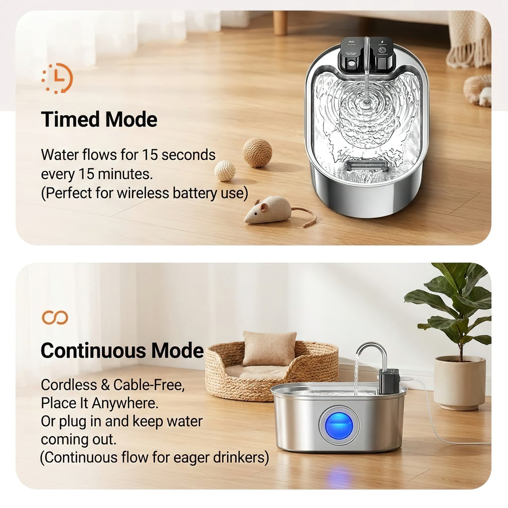 Two modes of an automatic pet water dispenser with text on a wooden floor.