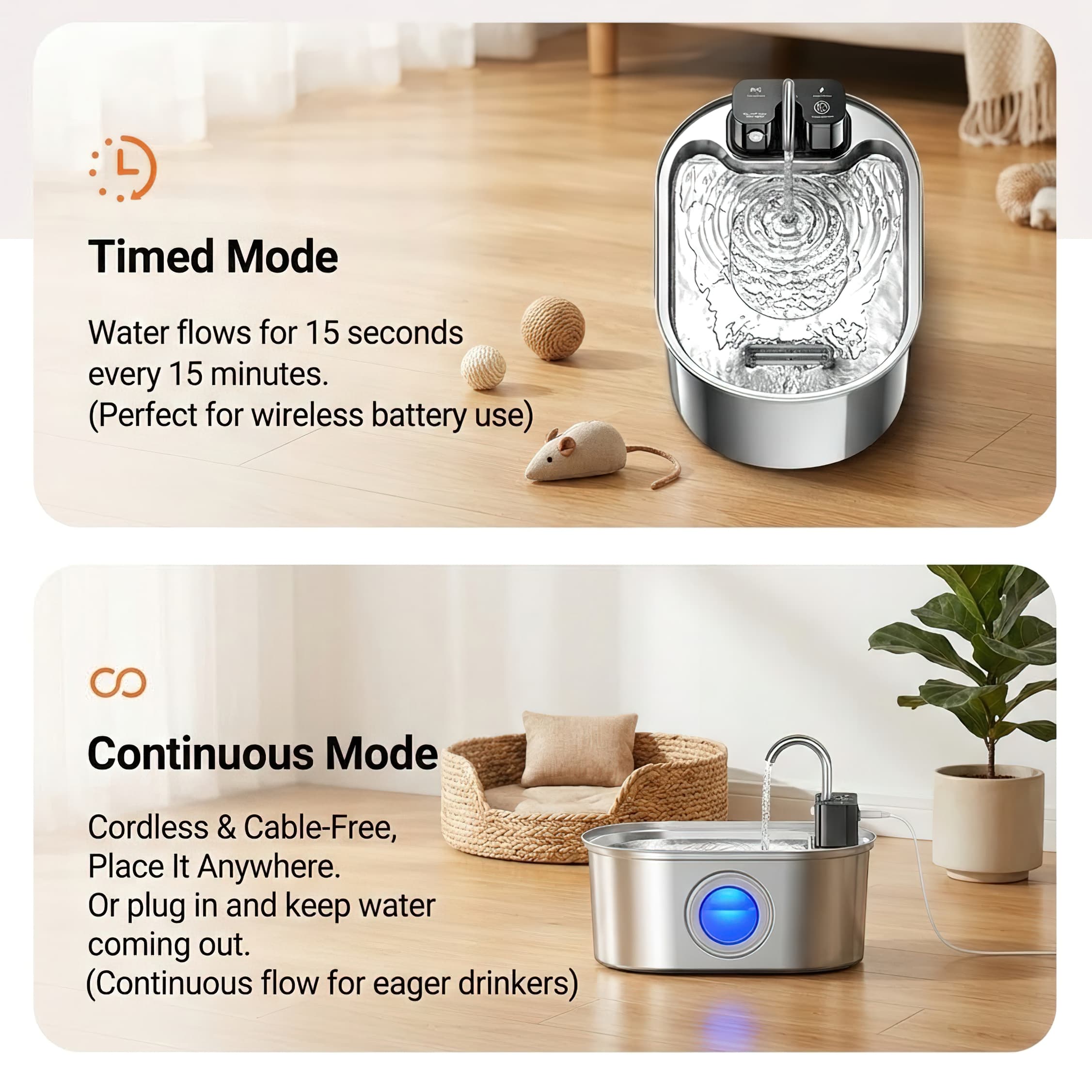 Two modes of an automatic pet water dispenser with text on a wooden floor.