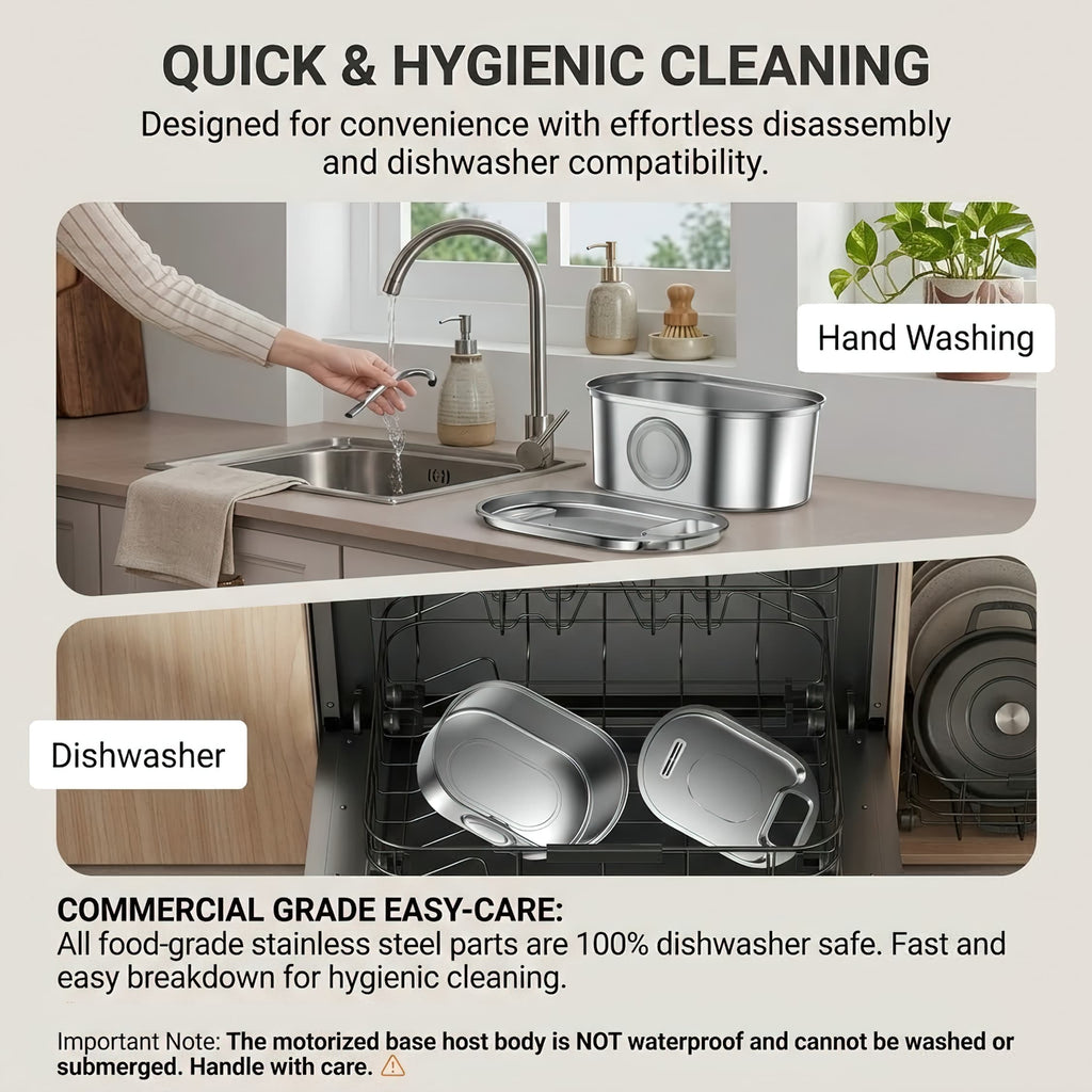 Stainless steel cookware with text about quick and hygienic cleaning, hand washing, and dishwasher compatibility.