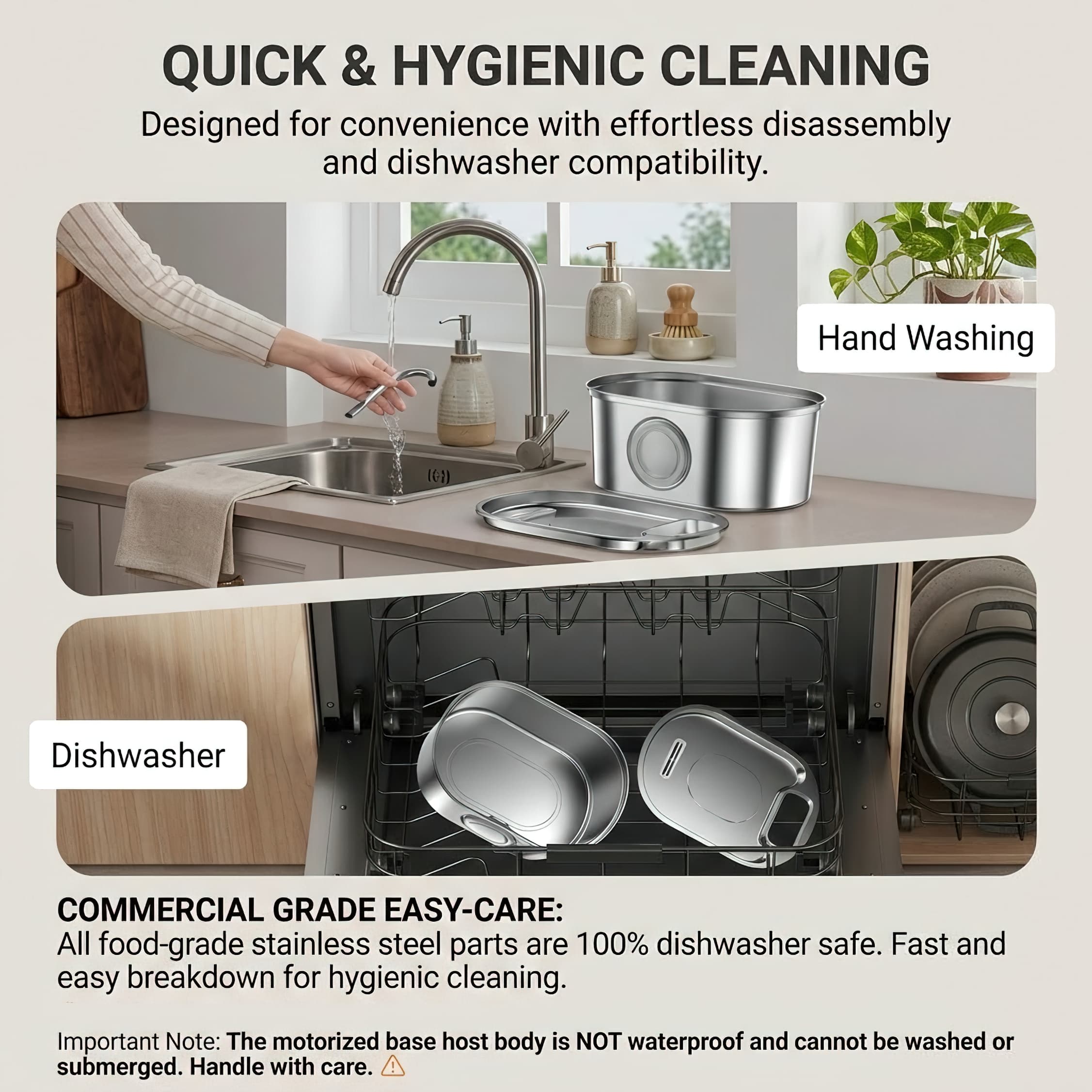 Stainless steel cookware with text about quick and hygienic cleaning, hand washing, and dishwasher compatibility.