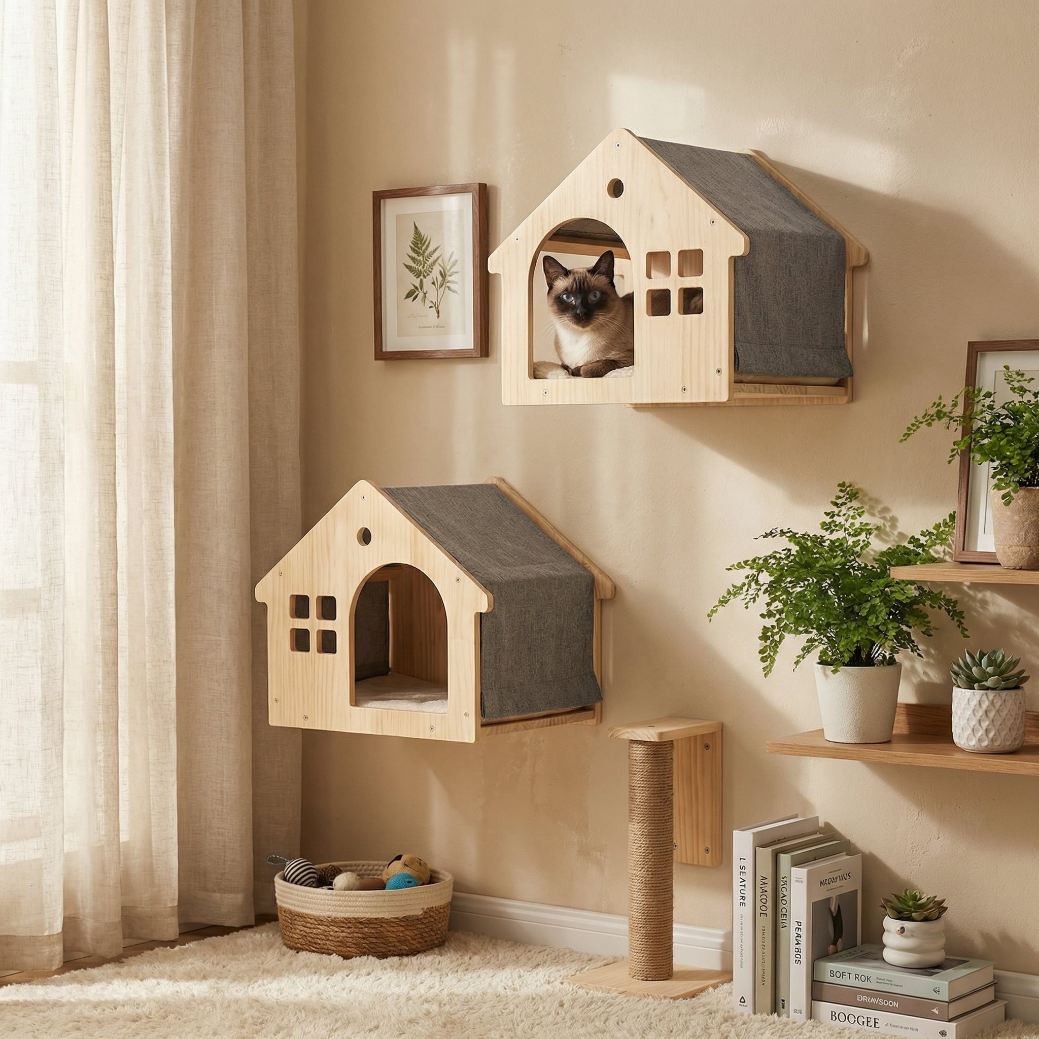 Wooden cat houses on a wall with a cat inside, near a window and books.