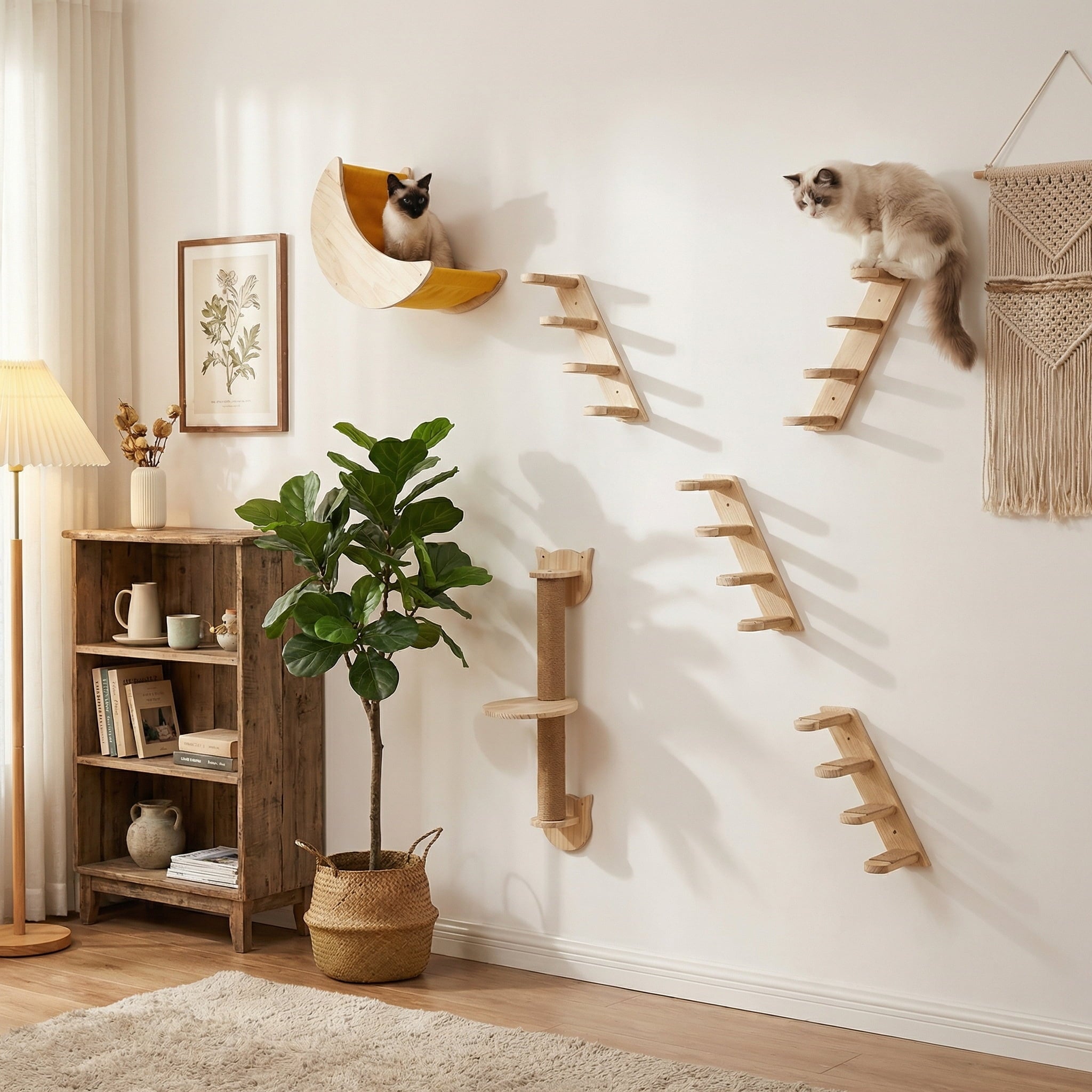 Wooden cat climbing shelves on a white wall with a plant and bookshelf in the room.