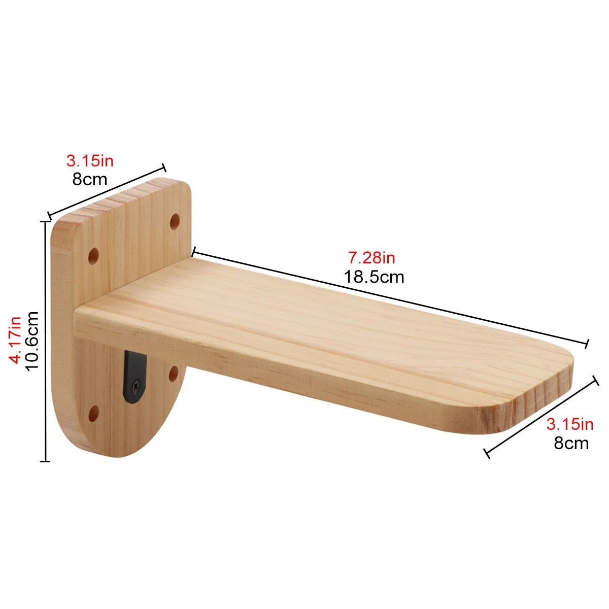 Wooden bracket with dimensions labeled on a white background