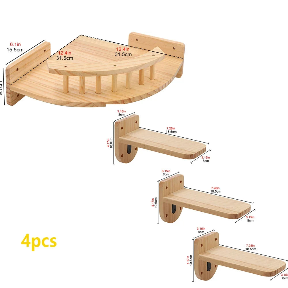 Wooden pet shelf with dimensions labeled on a white background