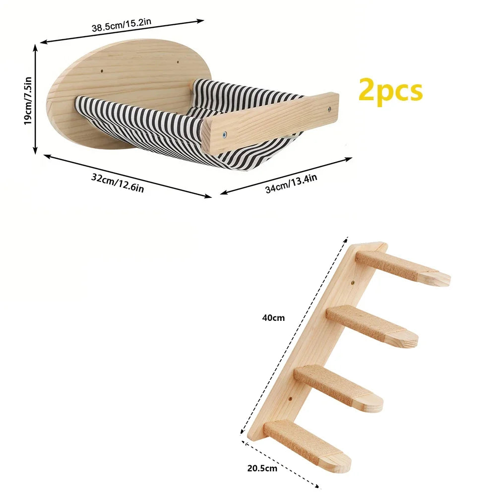 Wooden pet hammock with striped cushion and dimensions on a white background