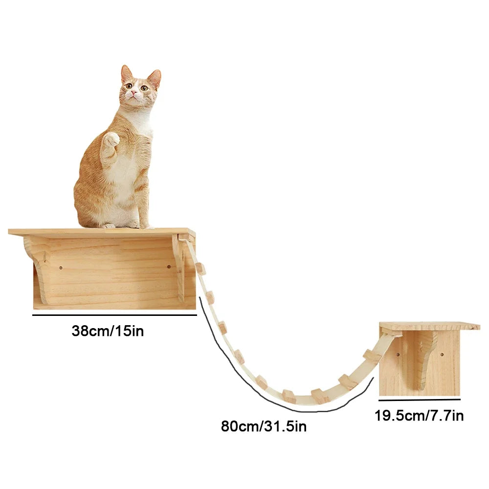 Wooden cat shelf with measurements and a cat sitting on it