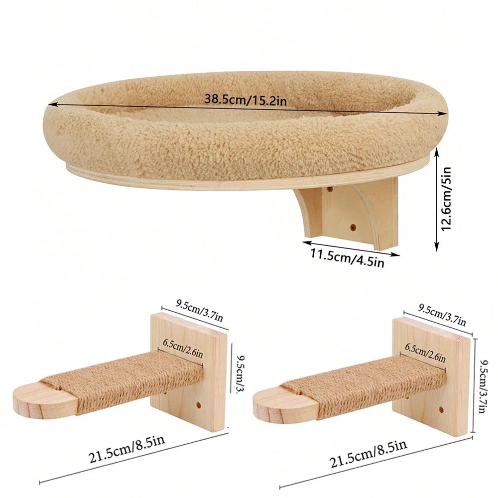 Wooden pet climbing shelf with measurements on a white background