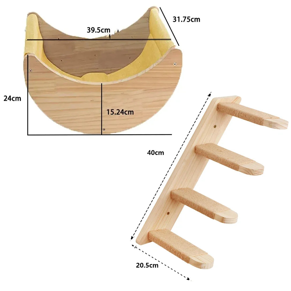 Wooden pet climbing structure with dimensions labeled