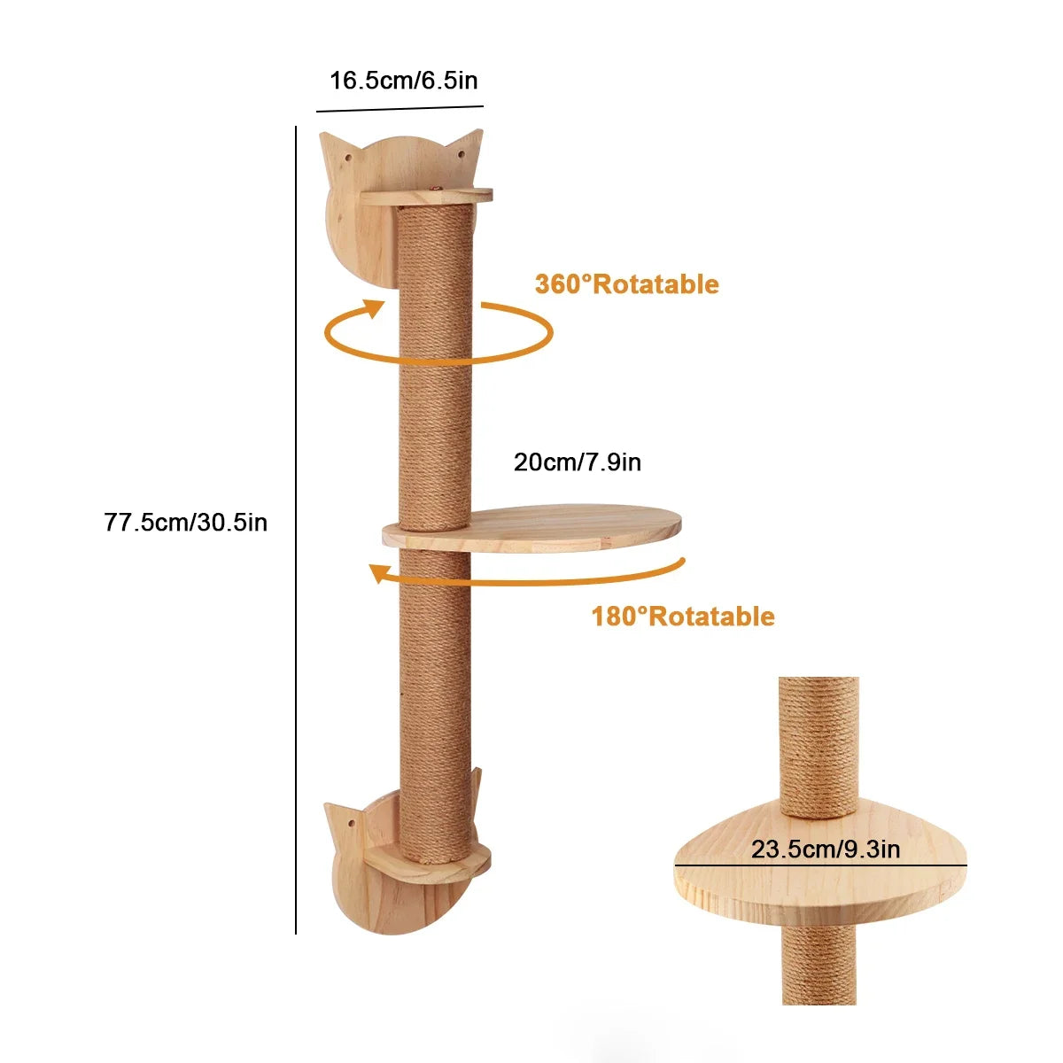 Wooden cat climbing post with measurements and rotation capabilities on a white background