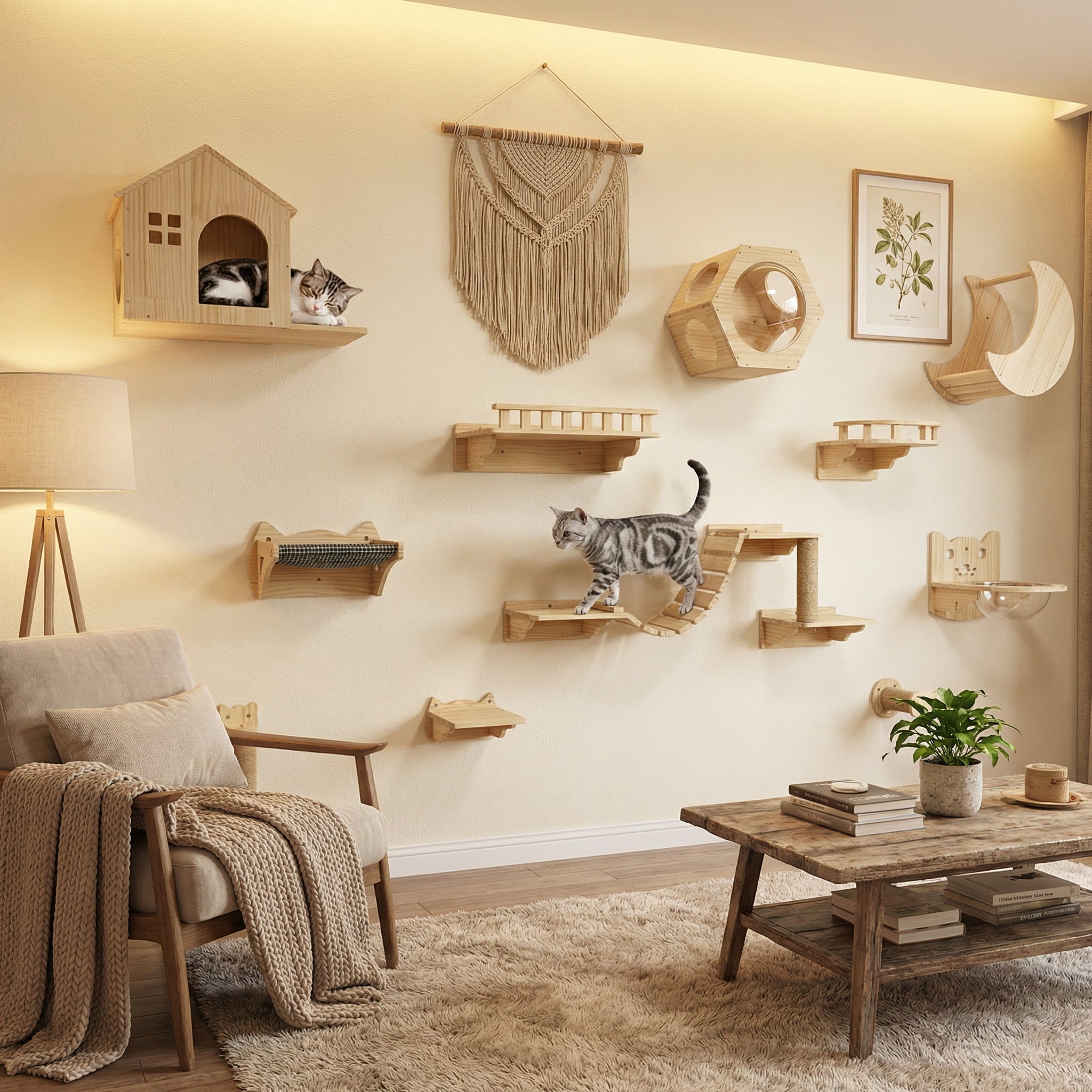 Living room with cat shelves and a cat climbing on one of them.