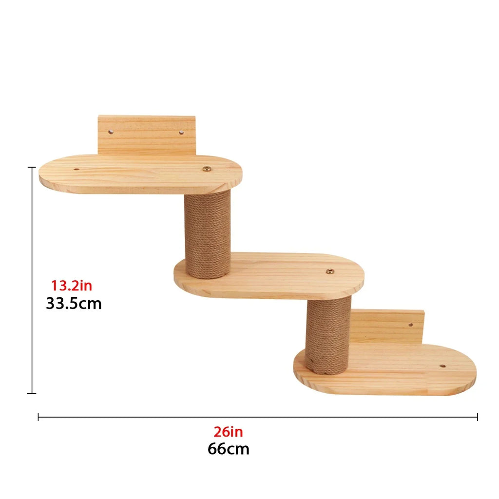 Wooden cat tree with dimensions labeled on a white background