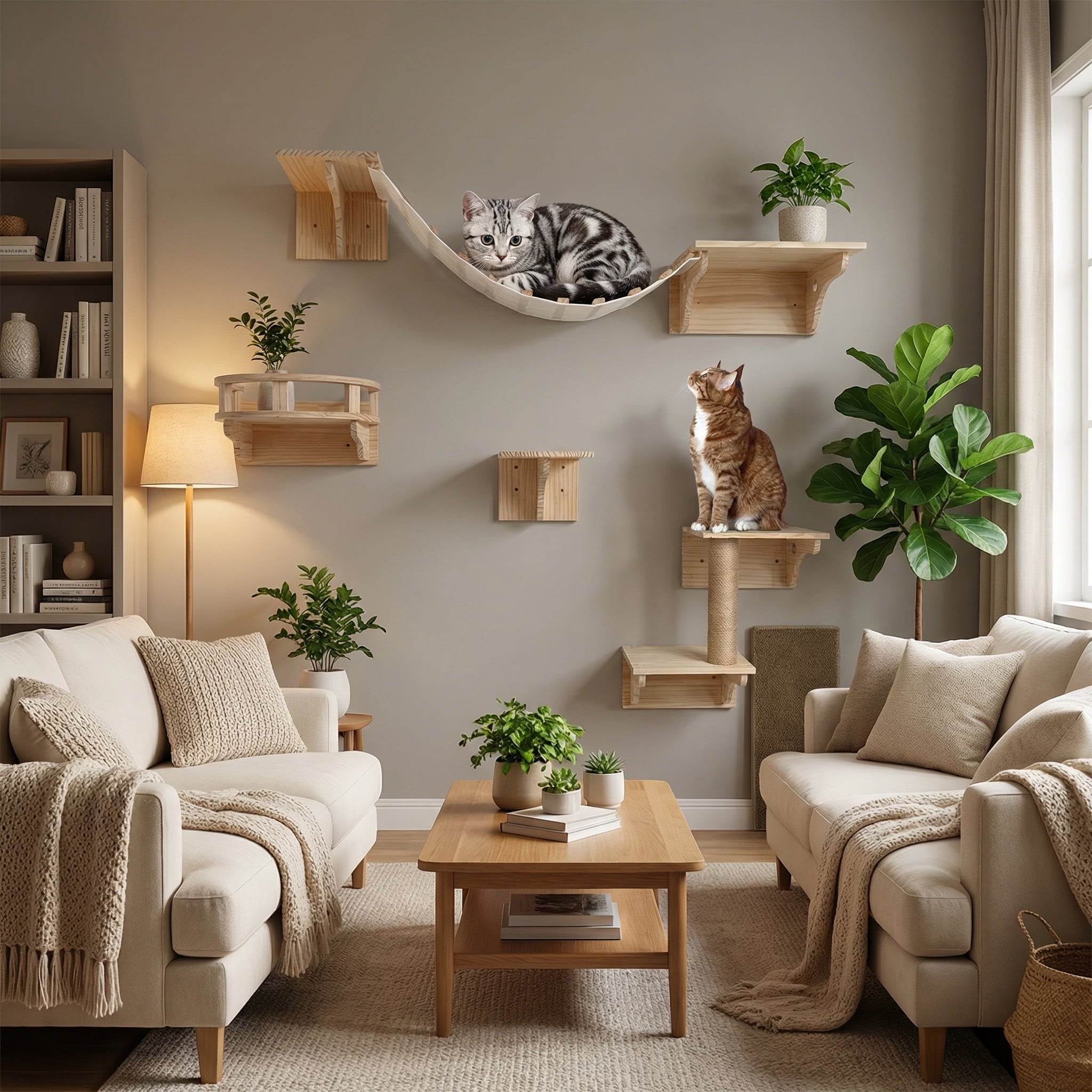 Living room with cat furniture and two cats on shelves