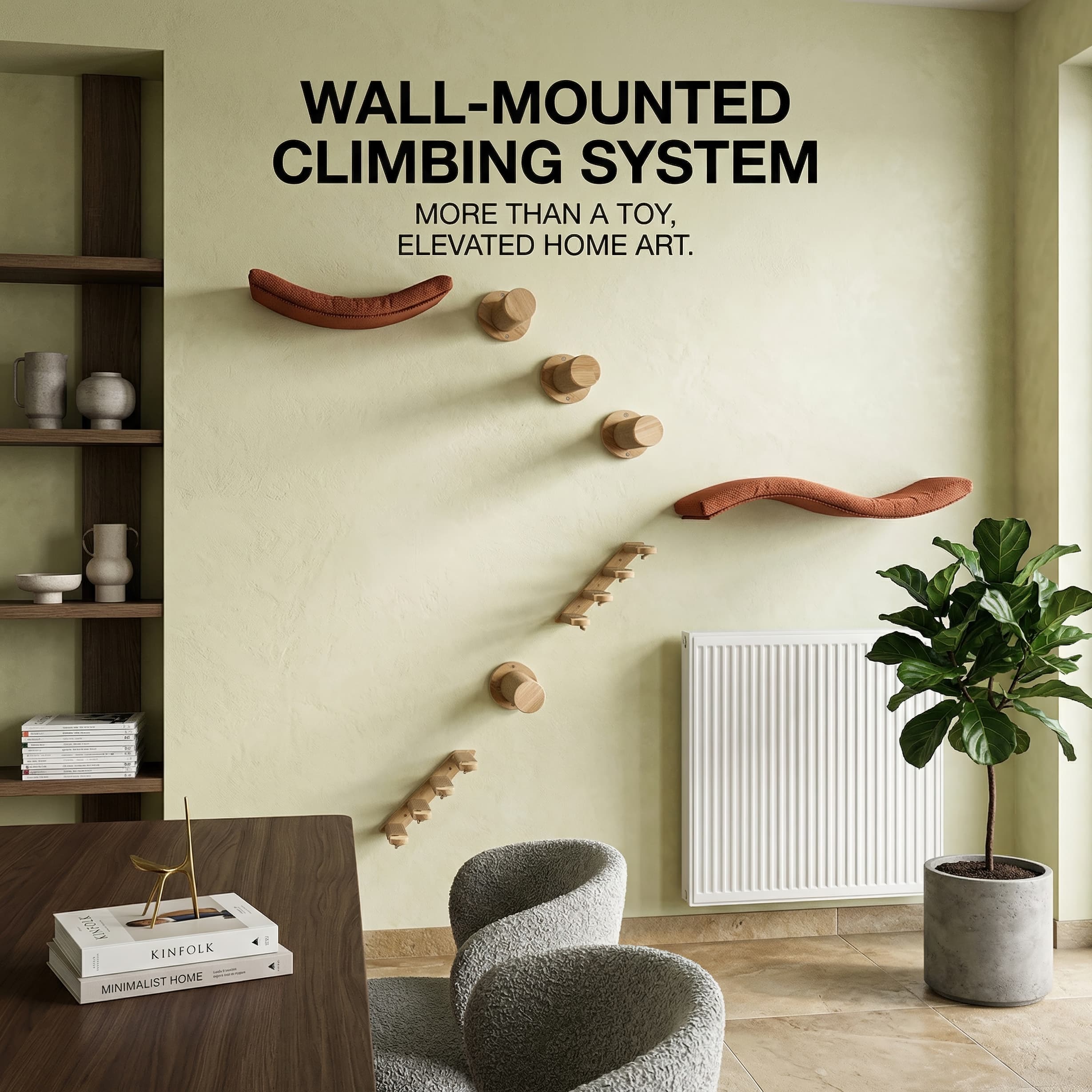 Wall-mounted climbing system in a modern living room setting with text overlay.