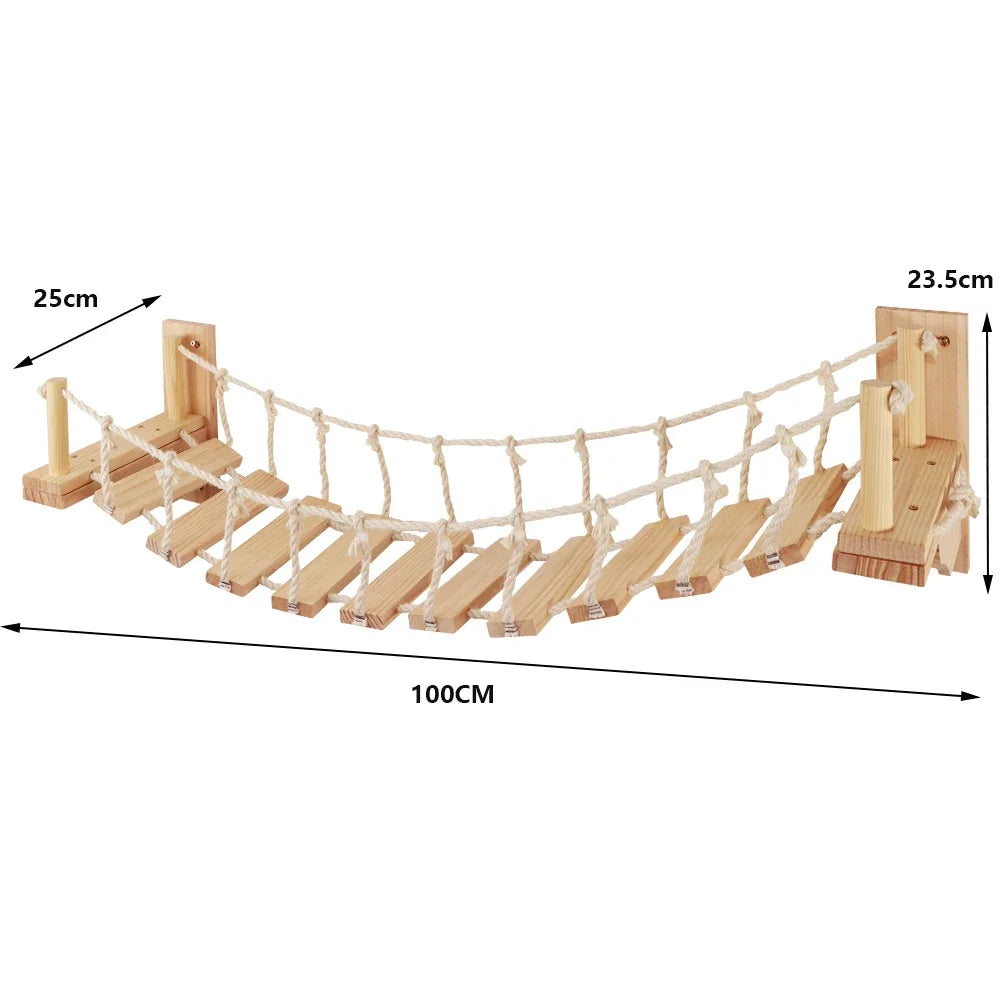Wooden bridge model with rope bridge, measurements indicated on a white background