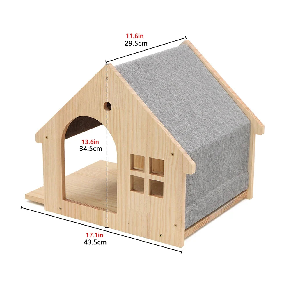 Wooden pet house with gray roof and measurements on a white background
