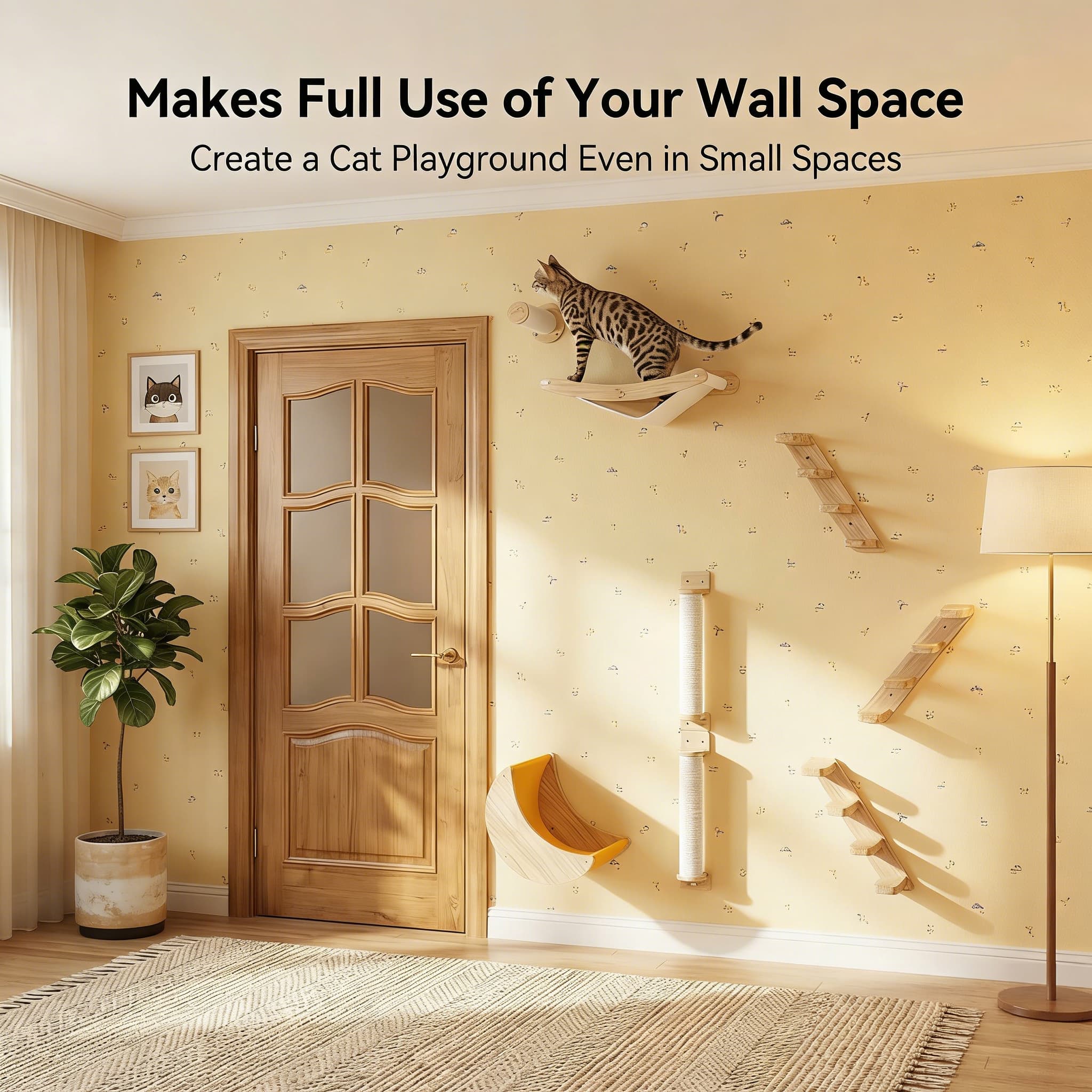 Cat playground setup on a wall with shelves and a door in a room.