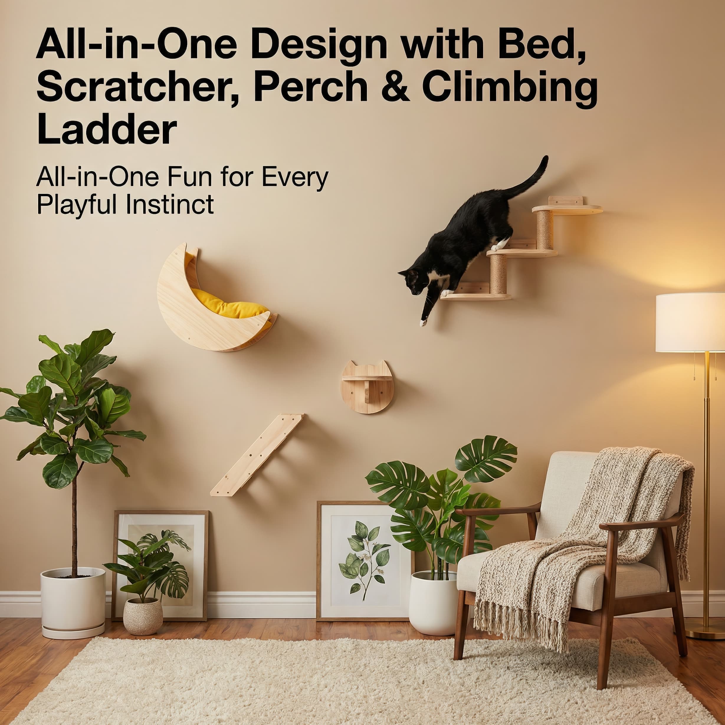 Cat climbing wall with shelves in a room with a chair, plants, and decor.