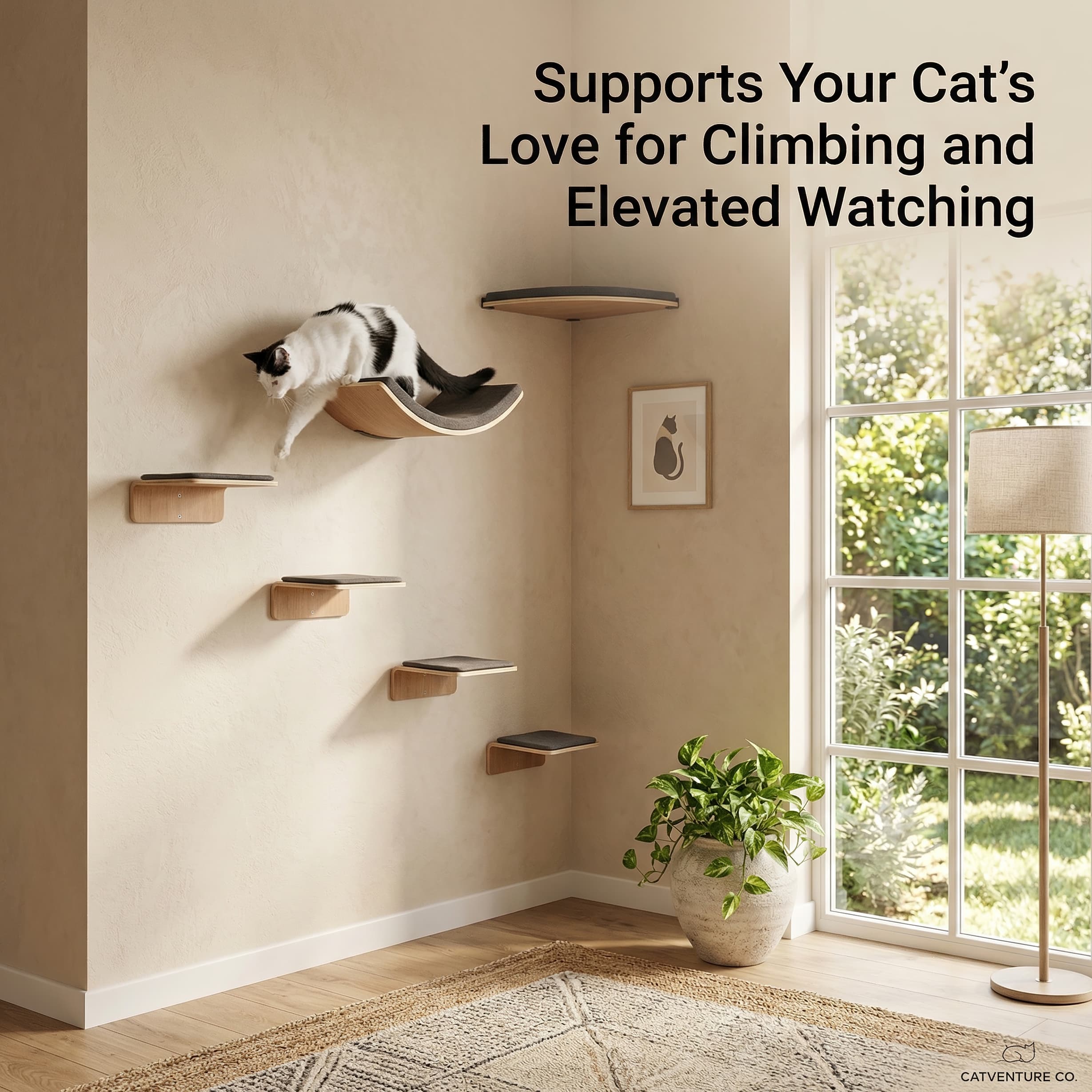 Cat climbing on a wall-mounted cat shelf with text 'Supports Your Cat's Love for Climbing and Elevated Watching'.