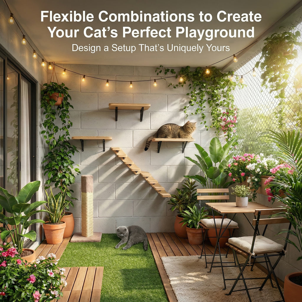 Outdoor patio with cat shelves, plants, and a small table with chairs, featuring text about creating a cat's perfect playground.