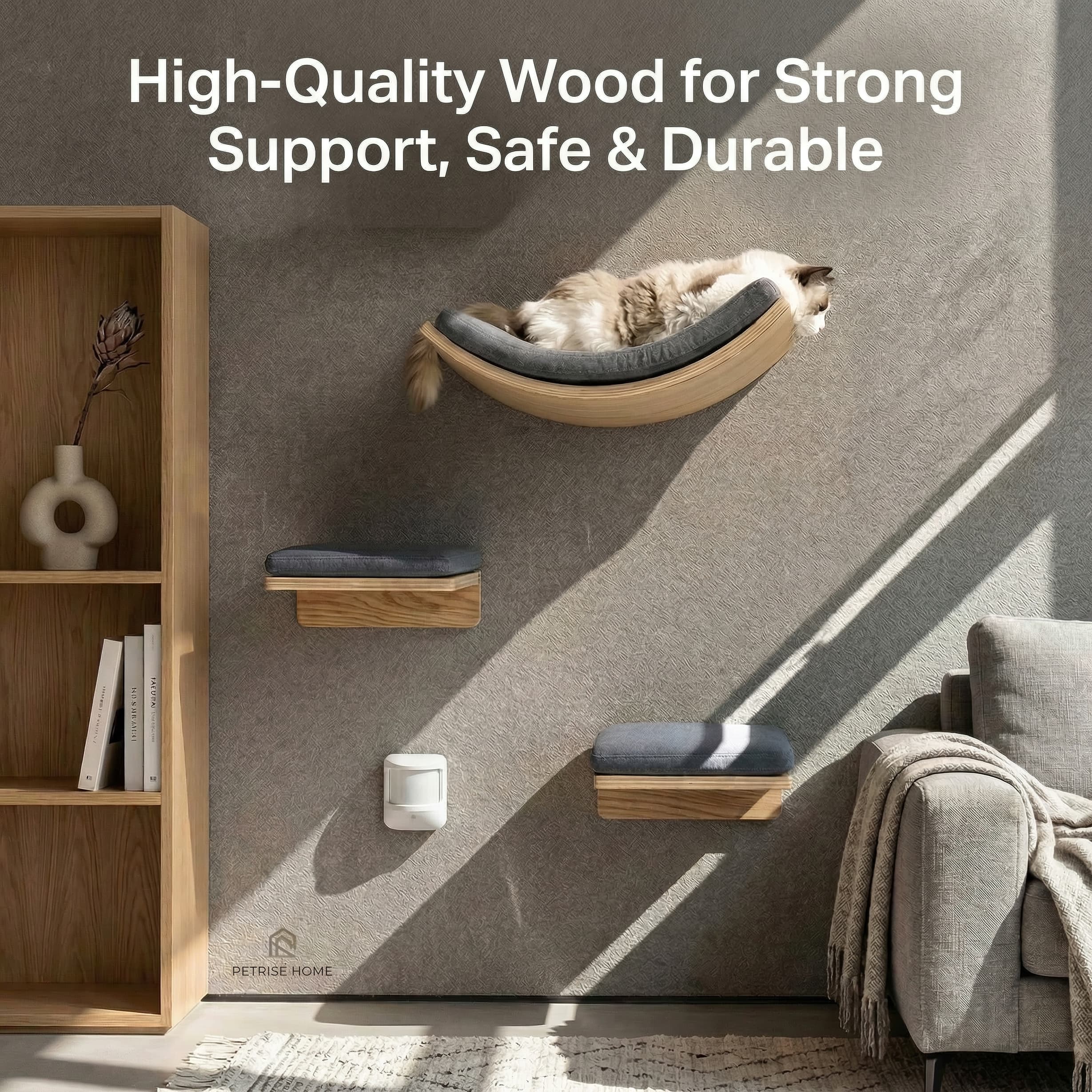 Cat lounging on a wooden wall shelf with text about high-quality wood