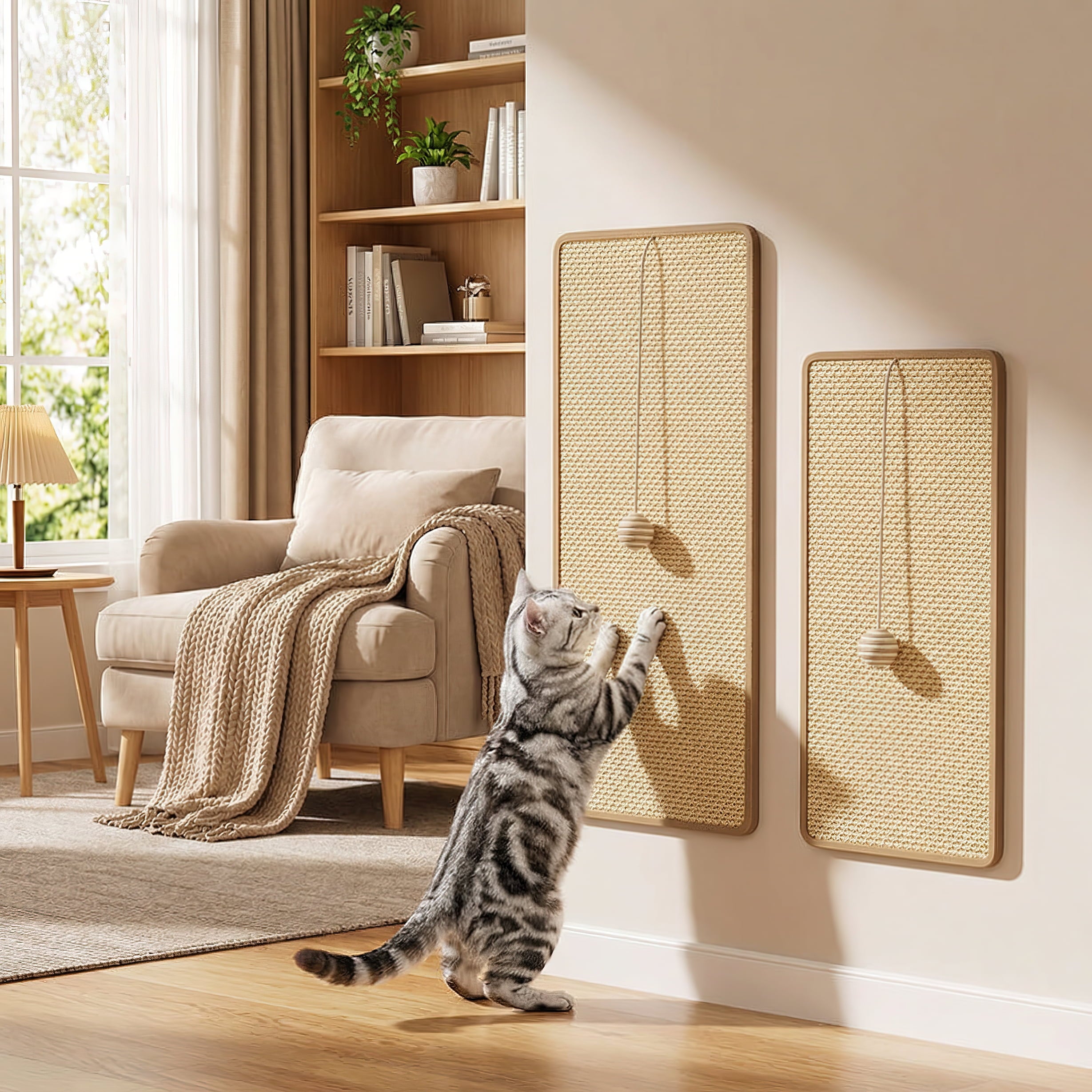 Cat playing with hanging toys on a wall in a cozy living room.