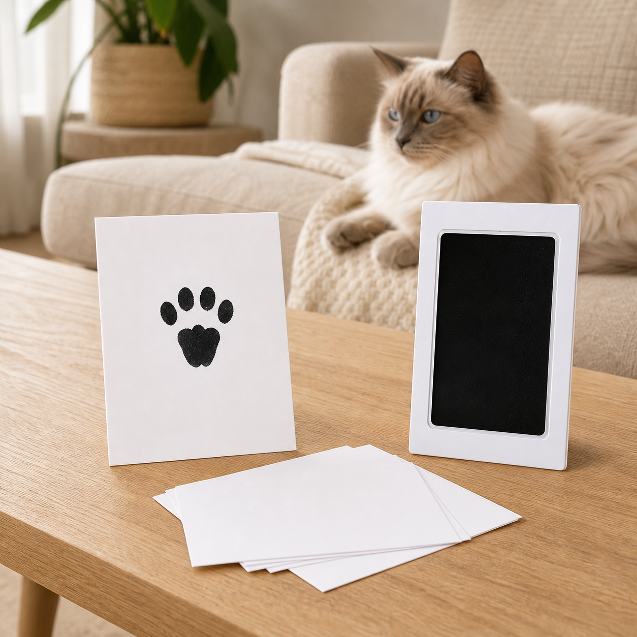 Clean-Touch cat paw print keepsake kit in a warm cat-friendly home