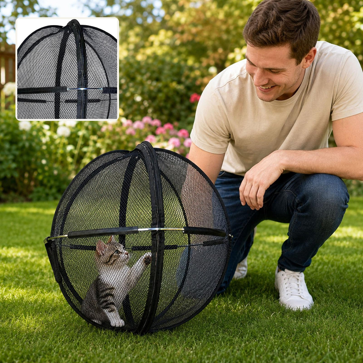Cat in black mesh play sphere with a close-up of the zippered frame