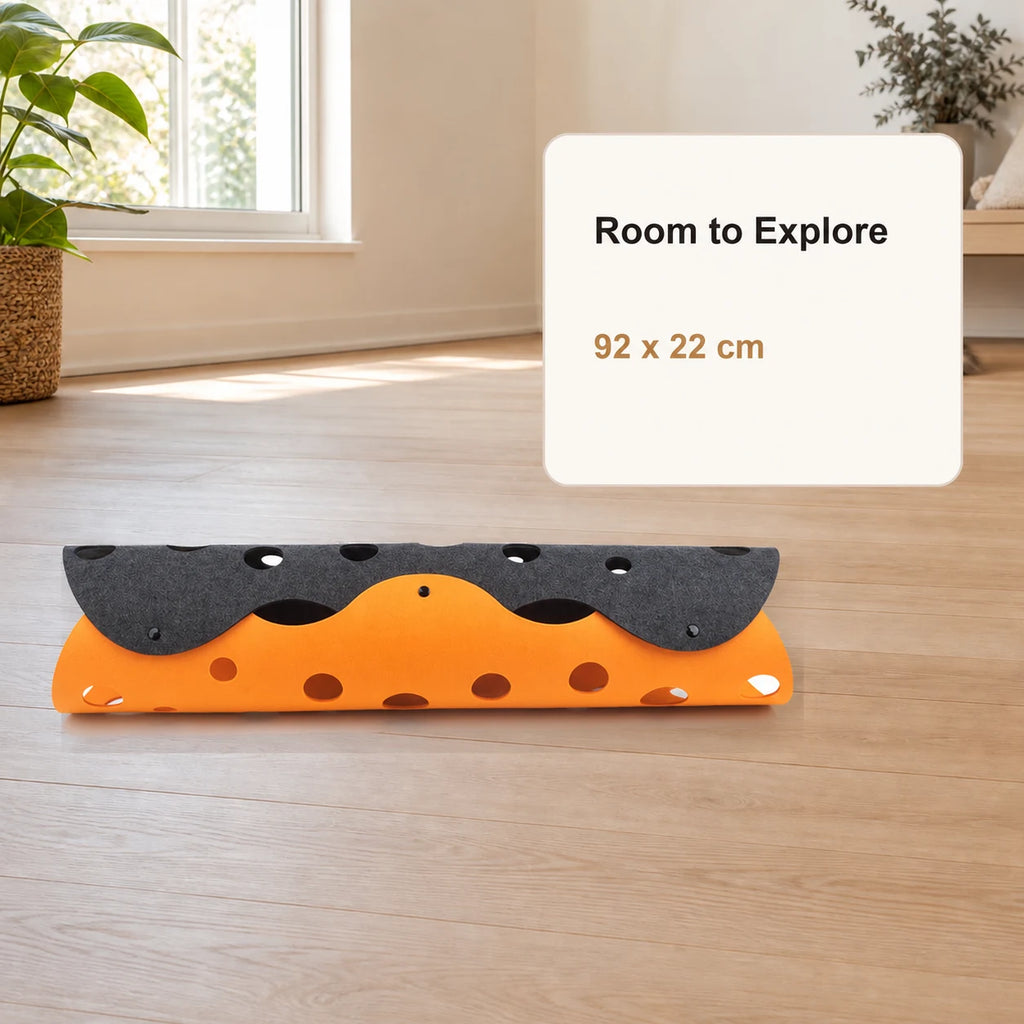 Orange and grey felt cat tunnel with 92 x 22 cm measurement