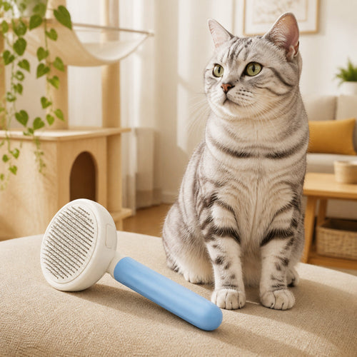 Self-cleaning cat brush with silver tabby in a warm home