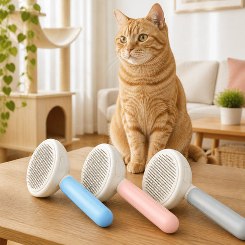 Blue pink and gray cat brushes with orange tabby