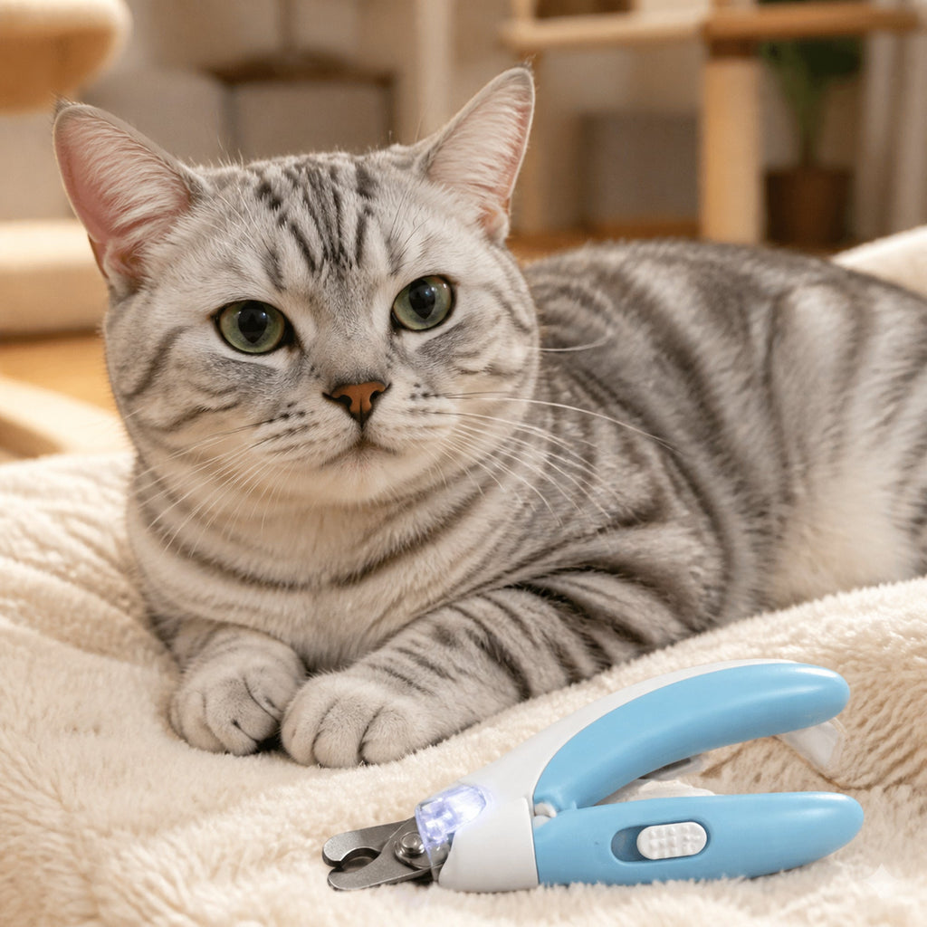 Gray tabby cat beside blue LED nail clippers on a soft blanket