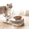 Elevated cat bowl stand with cat and transparent bowls