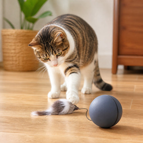 Cat playing with a dark gray automatic rolling ball and mouse teaser