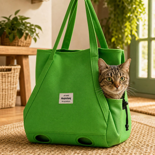 Tabby cat inside the green canvas carrier