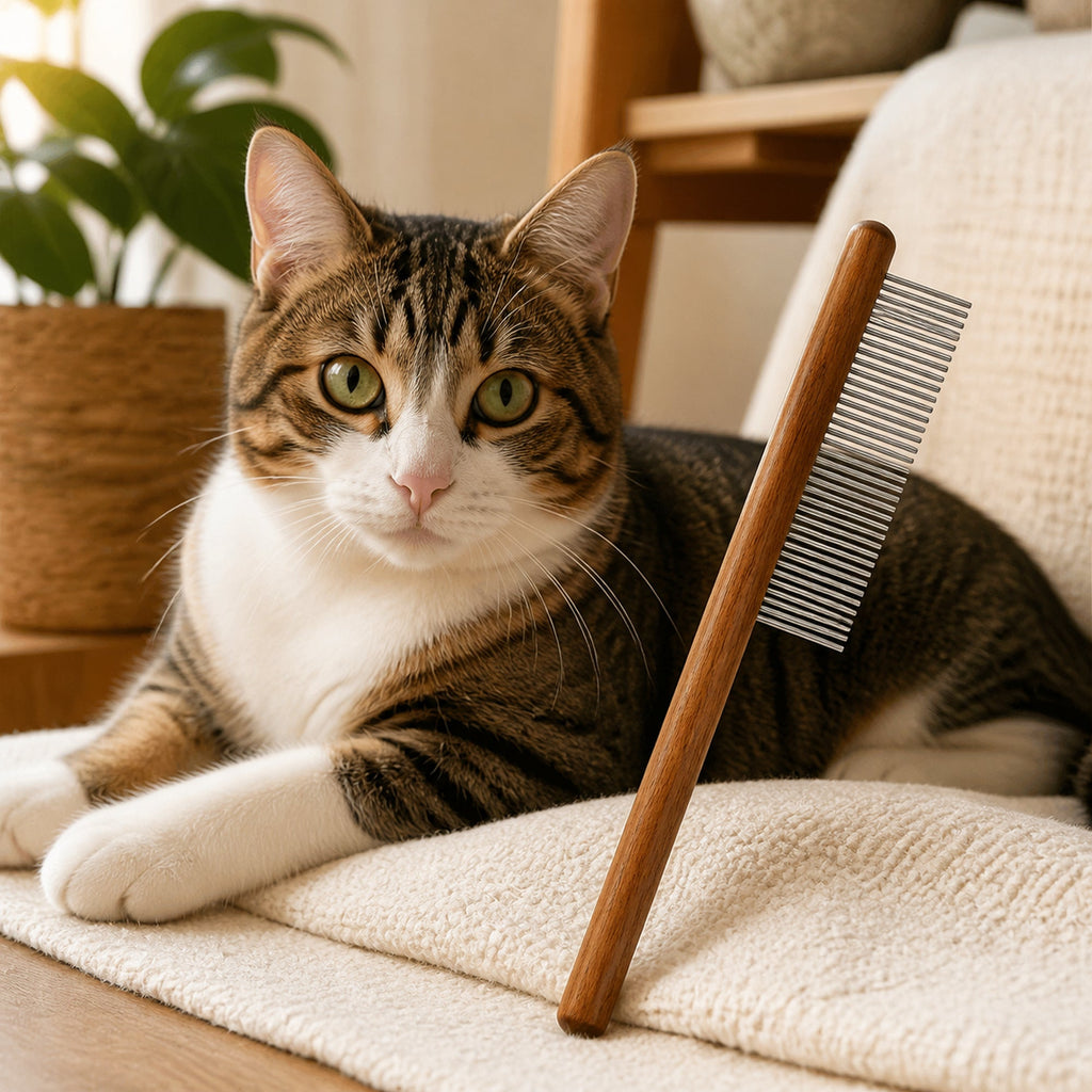 Wooden-handle stainless steel cat comb beside a tabby cat