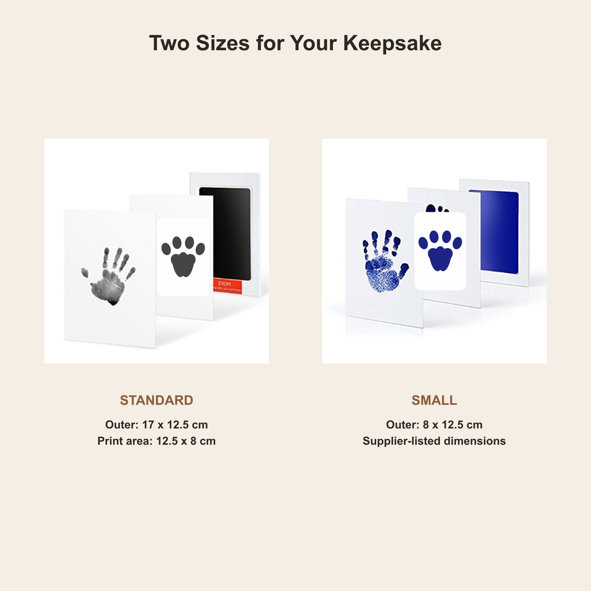 Standard and small keepsake kit sizes with hand and cat paw prints
