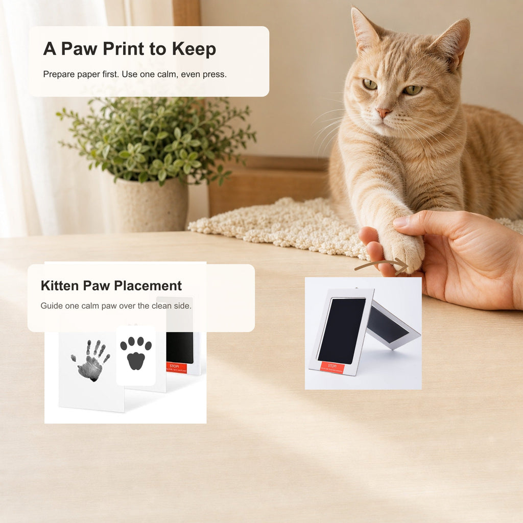 Adult guiding a kitten paw over the clean-touch transfer pad